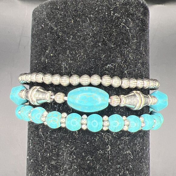 Bracelet Silver Stretch Bangle Multi Layering Blue Boho Western Turquoise - Picture 10 of 10